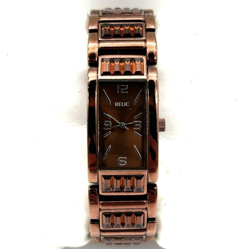 Relic Women's Watch Rose Gold Tone Brown Crystal Accents Rectangular Face
